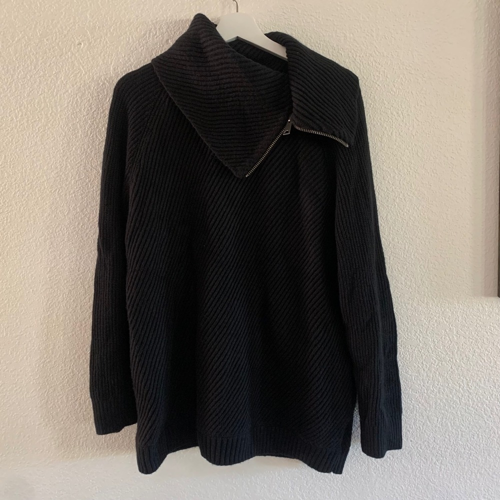 Talbots Petite XLp Black Asymmetrical Zip Mock Neck Ribbed Cotton Blend Sweater